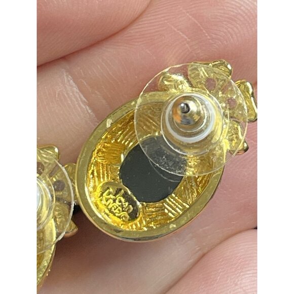 JOAN RIVERS Green Egg Shape Rhinestone Bow Gold-Tone Brooch Earrings Rare Set - Picture 11 of 16